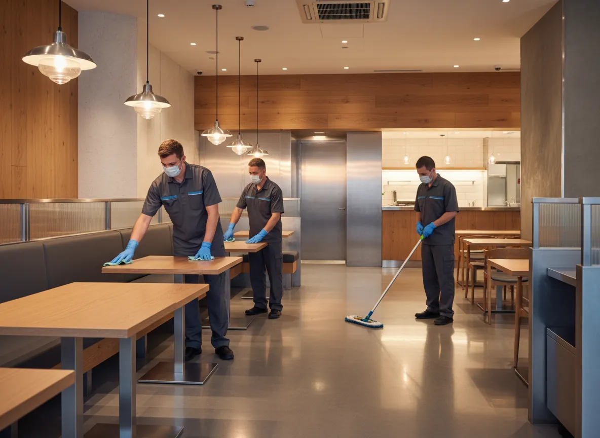 Equipo de limpieza profesional desinfectando restaurante moderno y área comercial